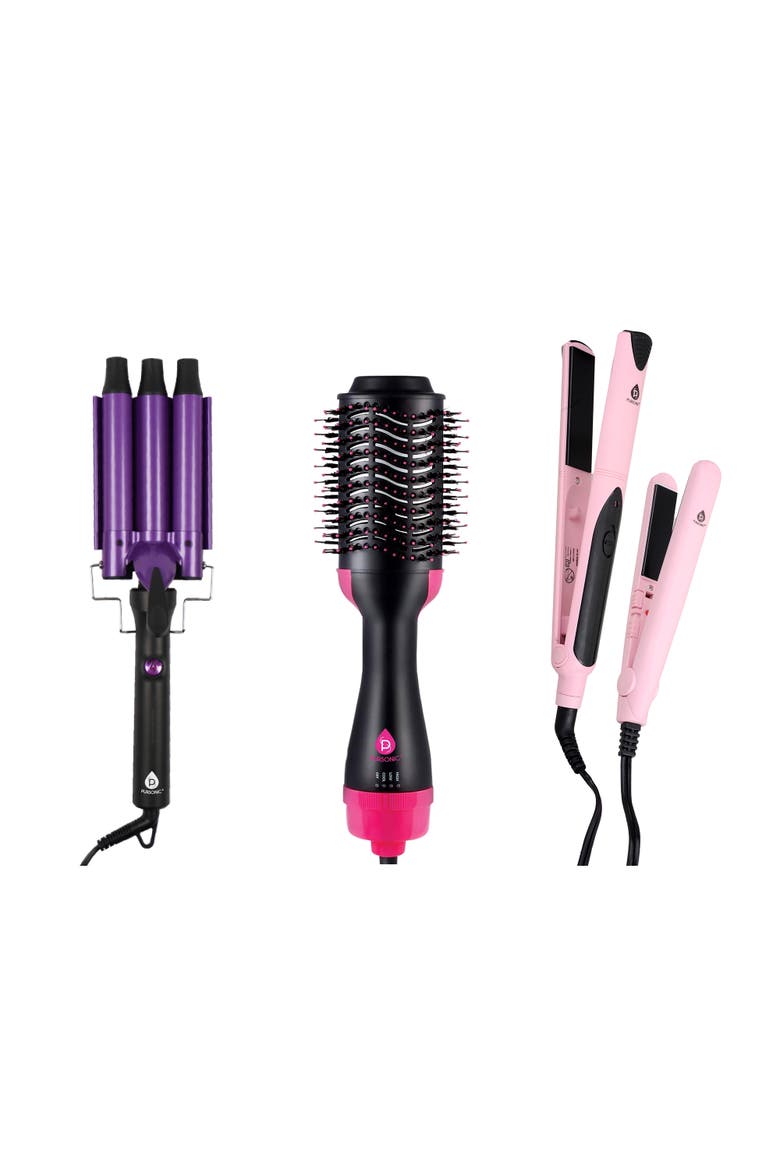 Triple Barrel Curler, Volumizer & Flat Iron Set, Main, color, Black