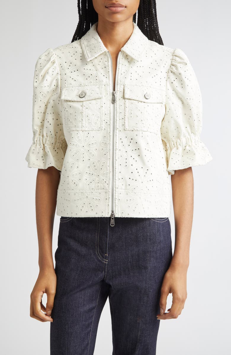 Cinq à Sept Holly Embroidered Faux Leather Jacket, Main, color, Ivory