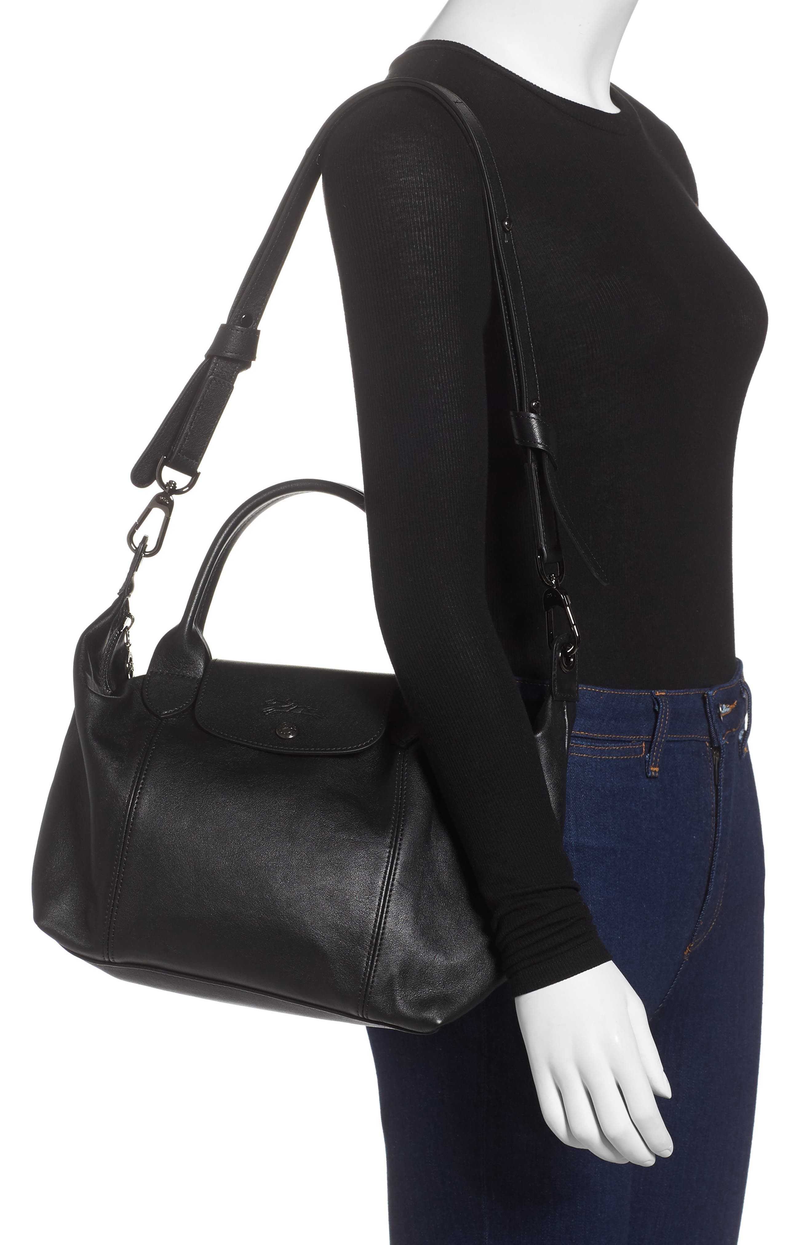 Le Pliage Cuir Leather Shoulder Bag (Nordstrom Exclusive), Alternate, color, BLACK