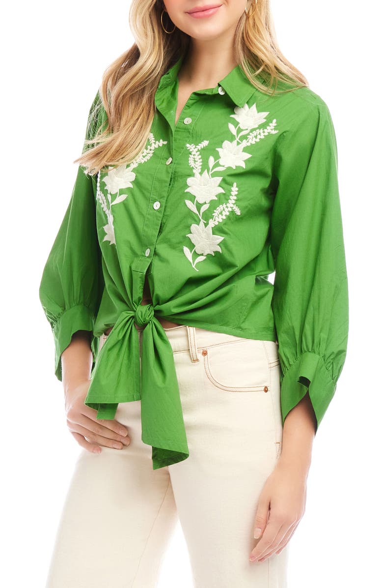 Karen Kane Embroidered Tie Front Cotton Shirt, Alternate, color, Green