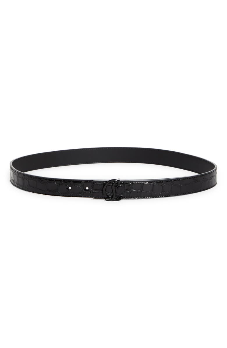 Christian Louboutin CL Monogram Buckle Croc Embossed Leather Belt, Main, color, Black/ Black