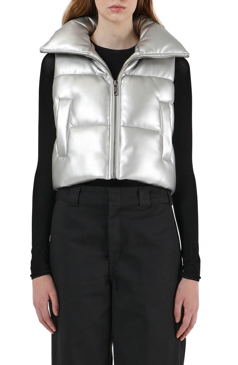Apparis Shaun Metallic Faux Leather Crop Hooded Puffer Vest, Main, color,