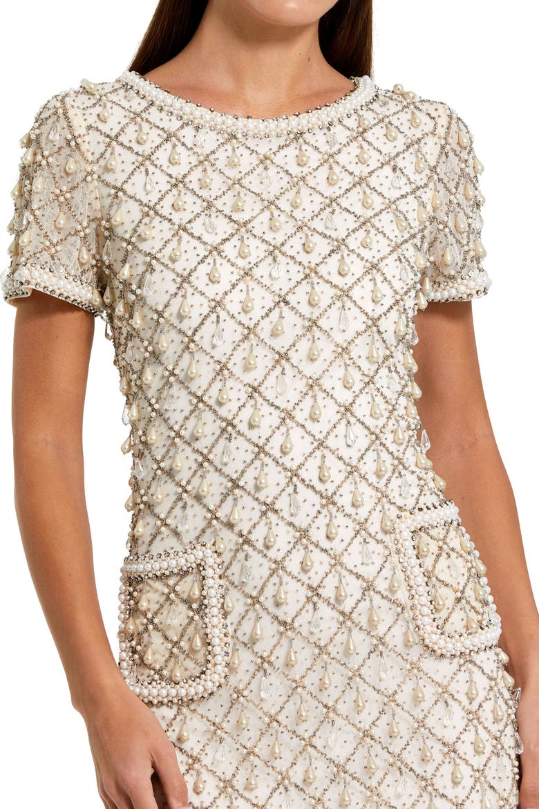 Short Sleeve Embellished Crepe Midi Dress, Alternate, color, Oyster