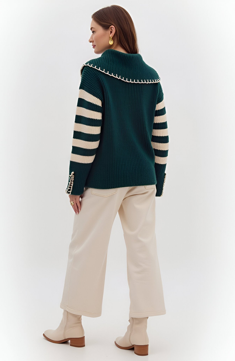 Modenaire Striped Knit Contrast Stitch Collar and Cuffs Sweater, Alternate, color,