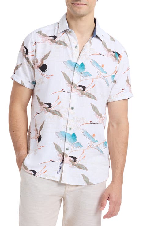 Tsuru Crane Print Short Sleeve Button-Up Shirt