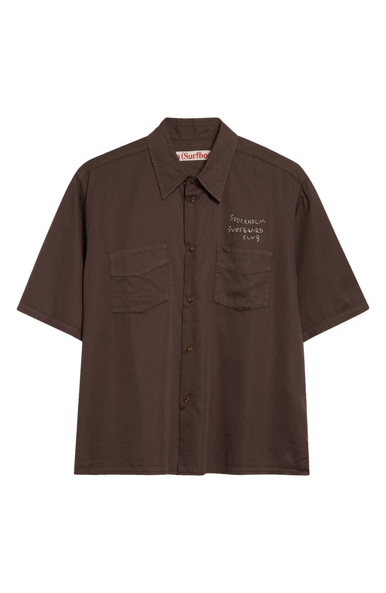 STOCKHOLM SURFBOARD CLUB Jerry Logo Embroidered Short Sleeve Button-Up Shirt, Alternate, color, Hickory