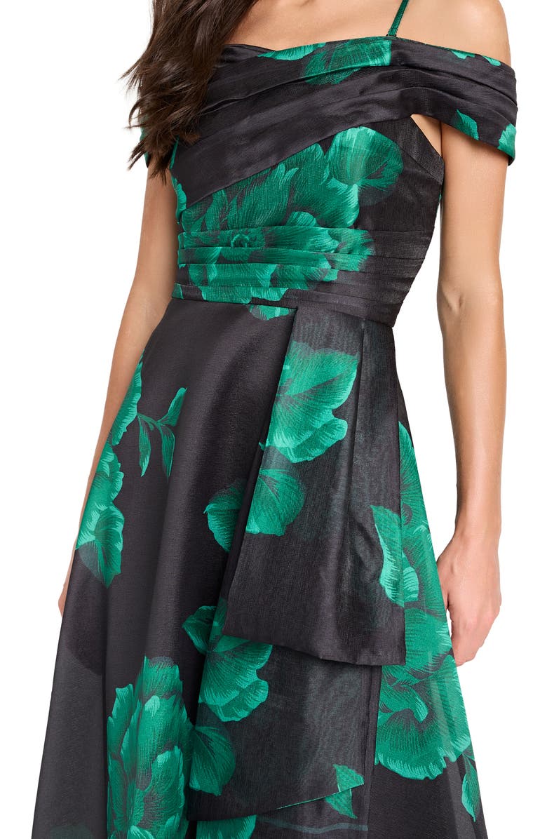 Tahari ASL Pleated Print Off the Shoulder Gown, Alternate, color, Black Green