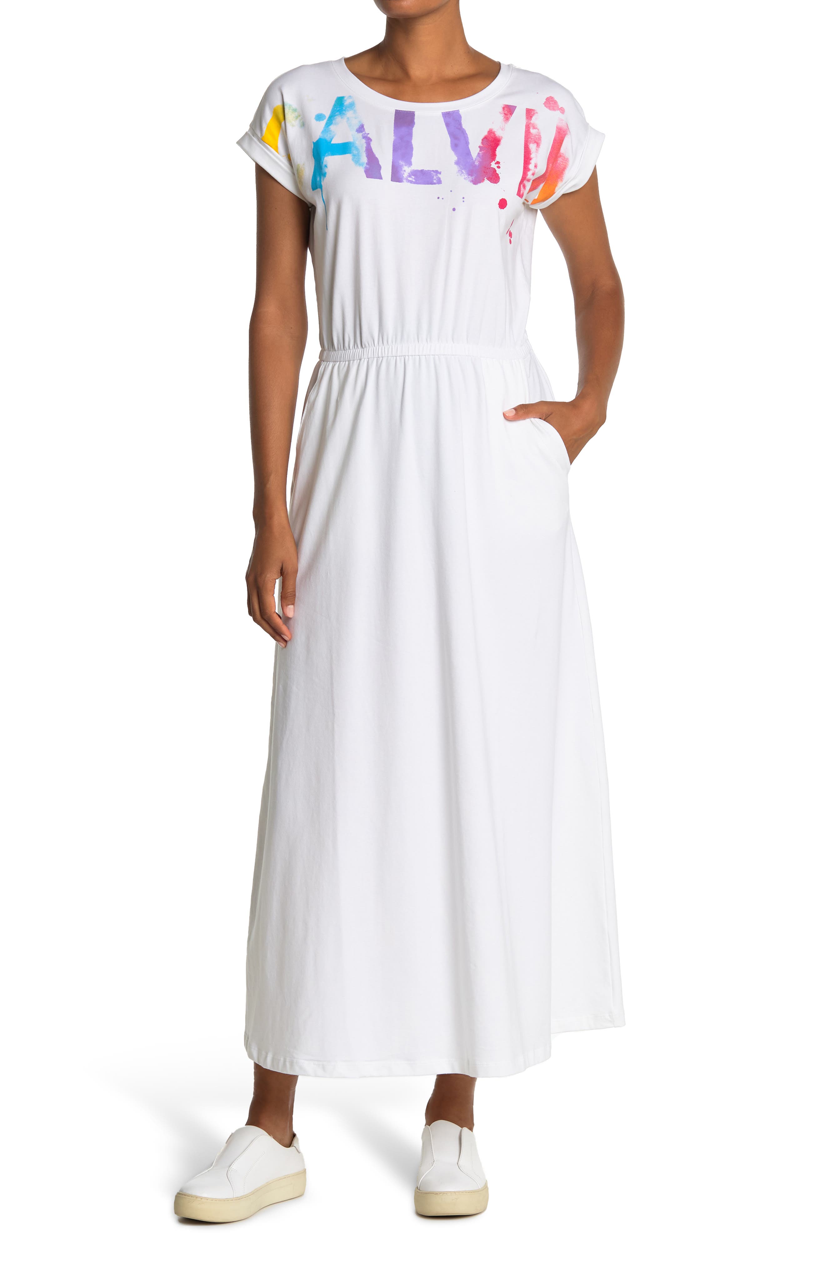 Calvin Klein Rainbow Logo Rolled Sleeve Maxi T-Shirt Dress (Women ...