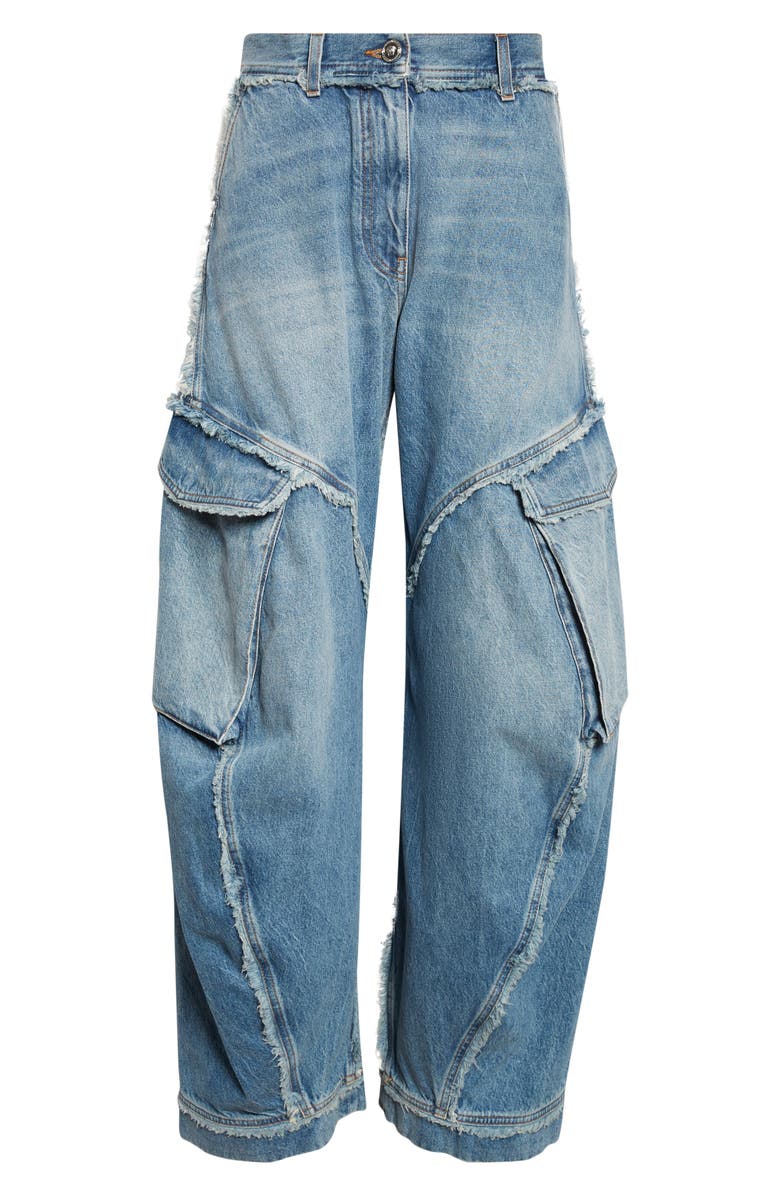 Versace Frayed Raw Cut Wide Leg Cargo Jeans, Alternate, color, Medium Blue