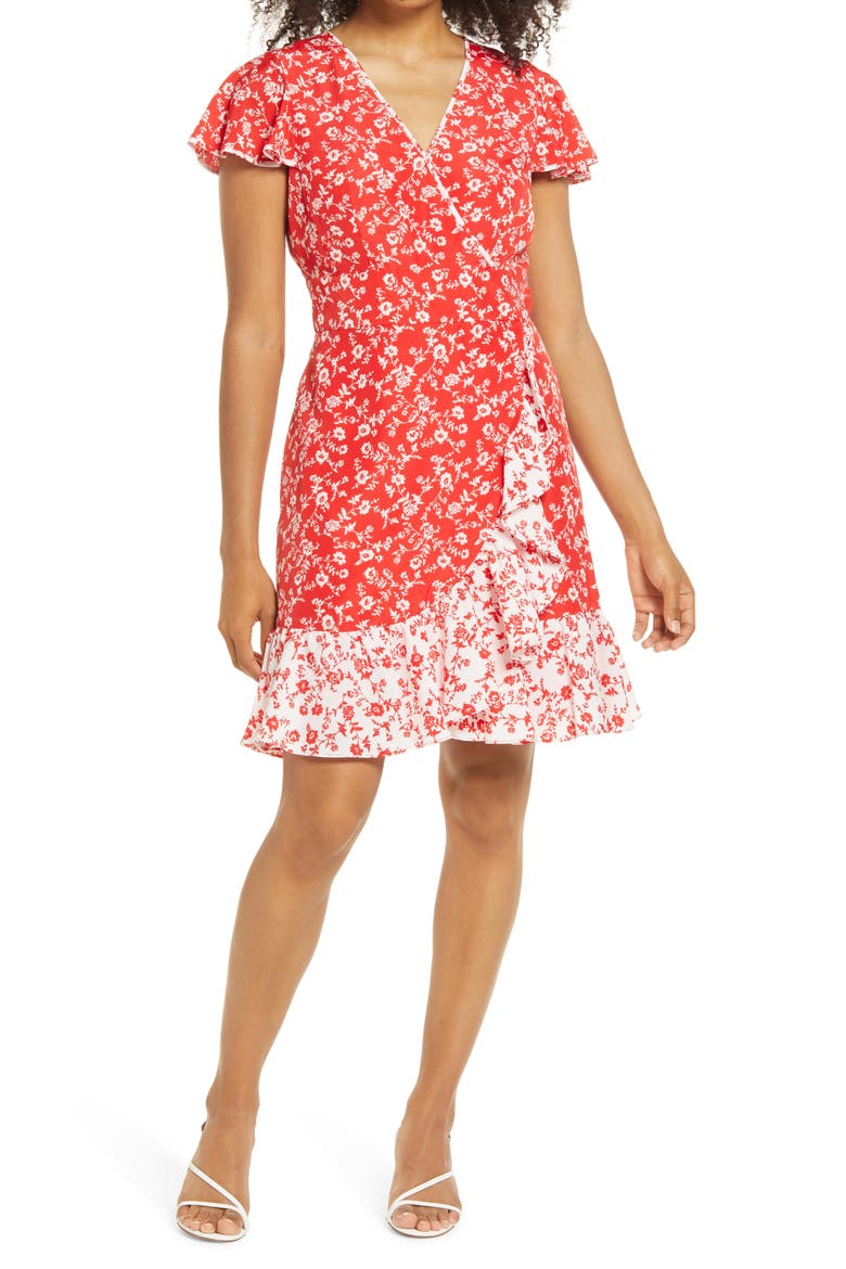 Floral Faux Wrap Dress, Main, color, RED