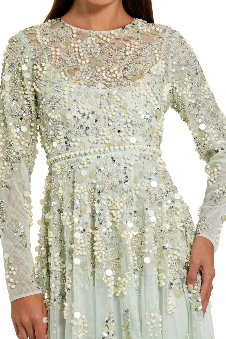 Long Sleeve Sequin and Pearl Embellished Gown, Alternate, color, Sage