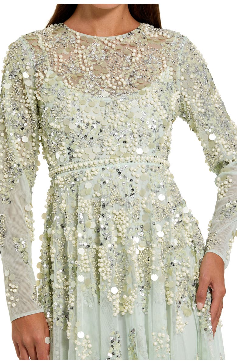 Mac Duggal Long Sleeve Sequin and Pearl Embellished Gown, Alternate, color, Sage