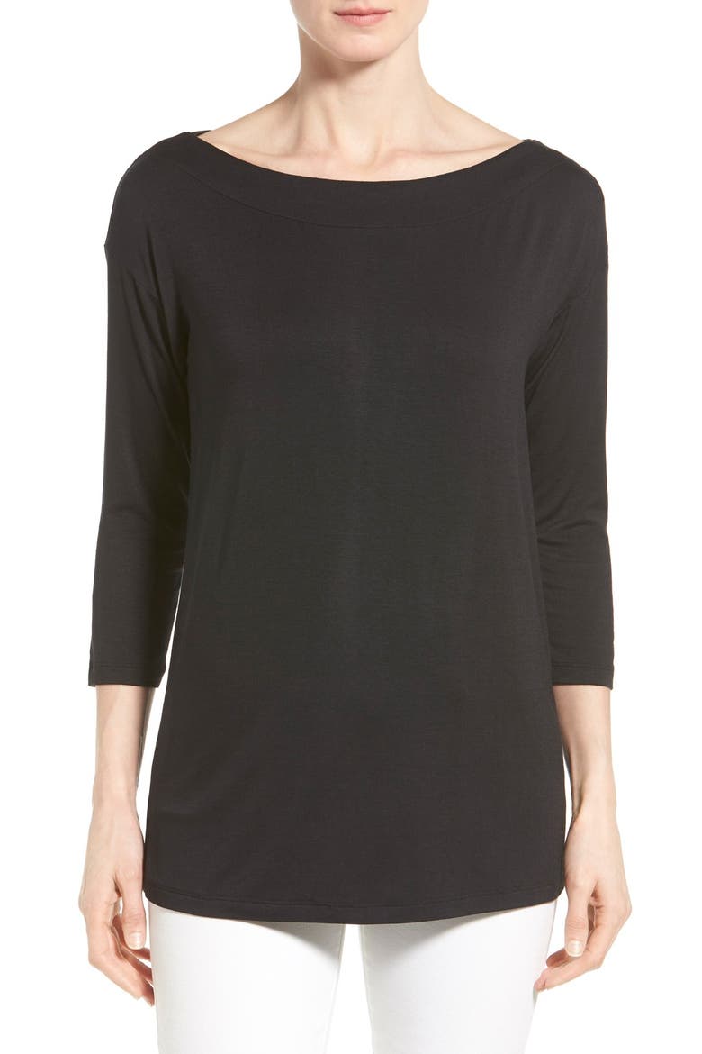 Boat Neck Three Quarter Sleeve Top, Main, color, BLACK