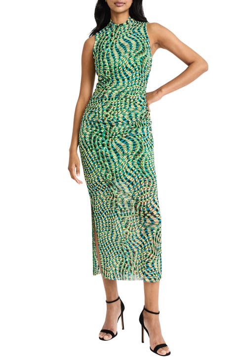 Geometric Print Halter Neck Midi Dress