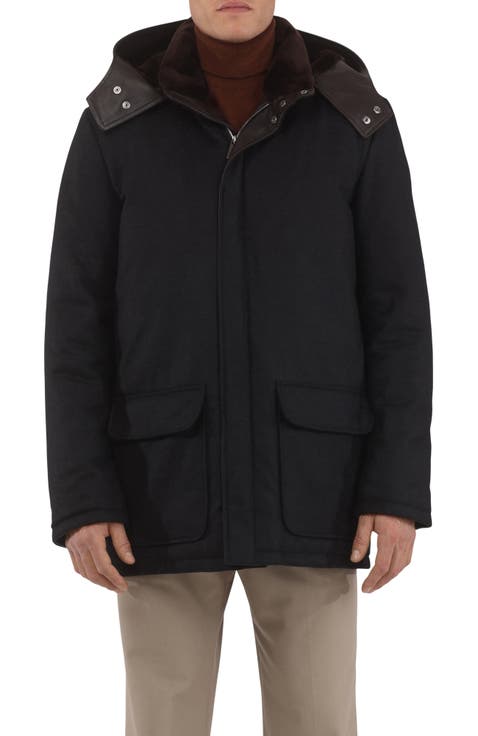 Mens Wool And Cashmere Blend Parka with Genuine Shearling Lining