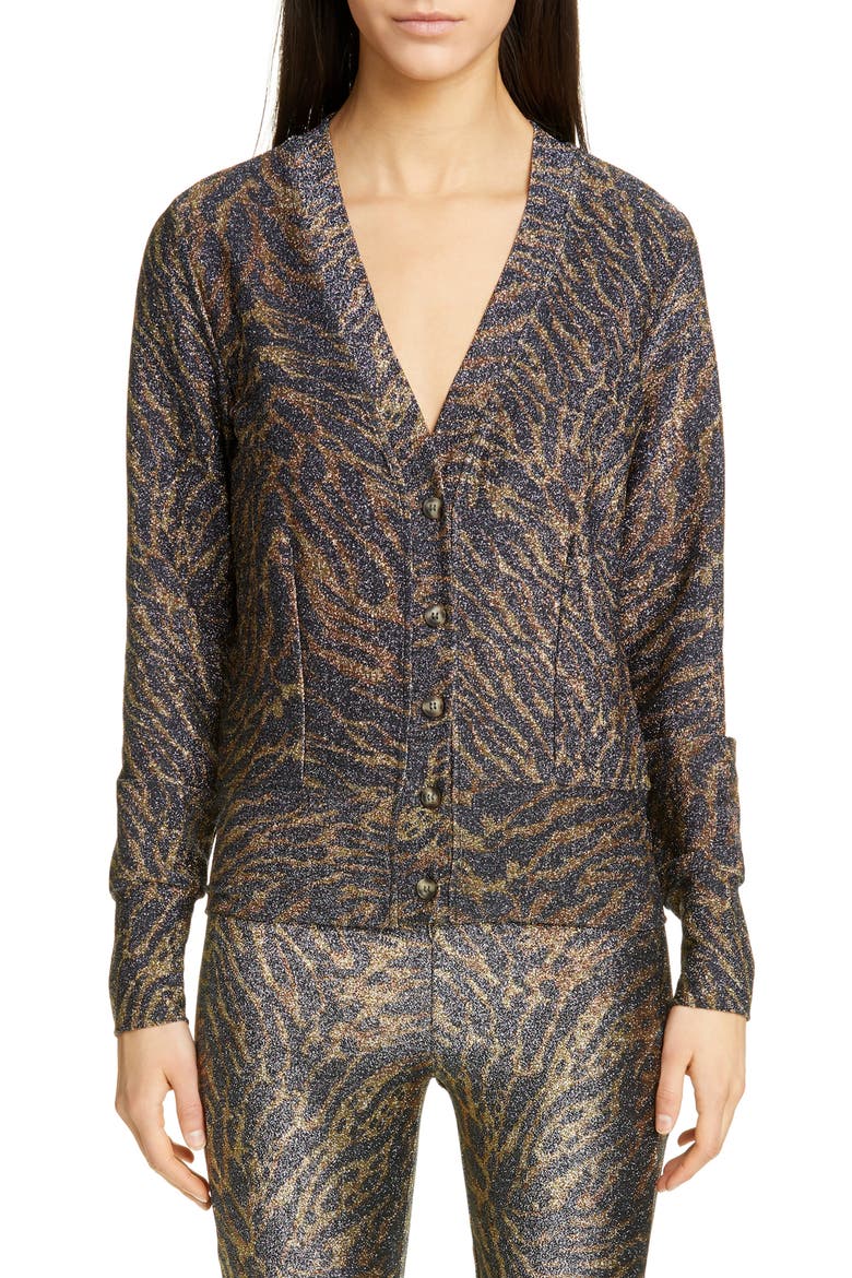 Tiger Print Metallic Jersey Cardigan, Main, color, TIGER