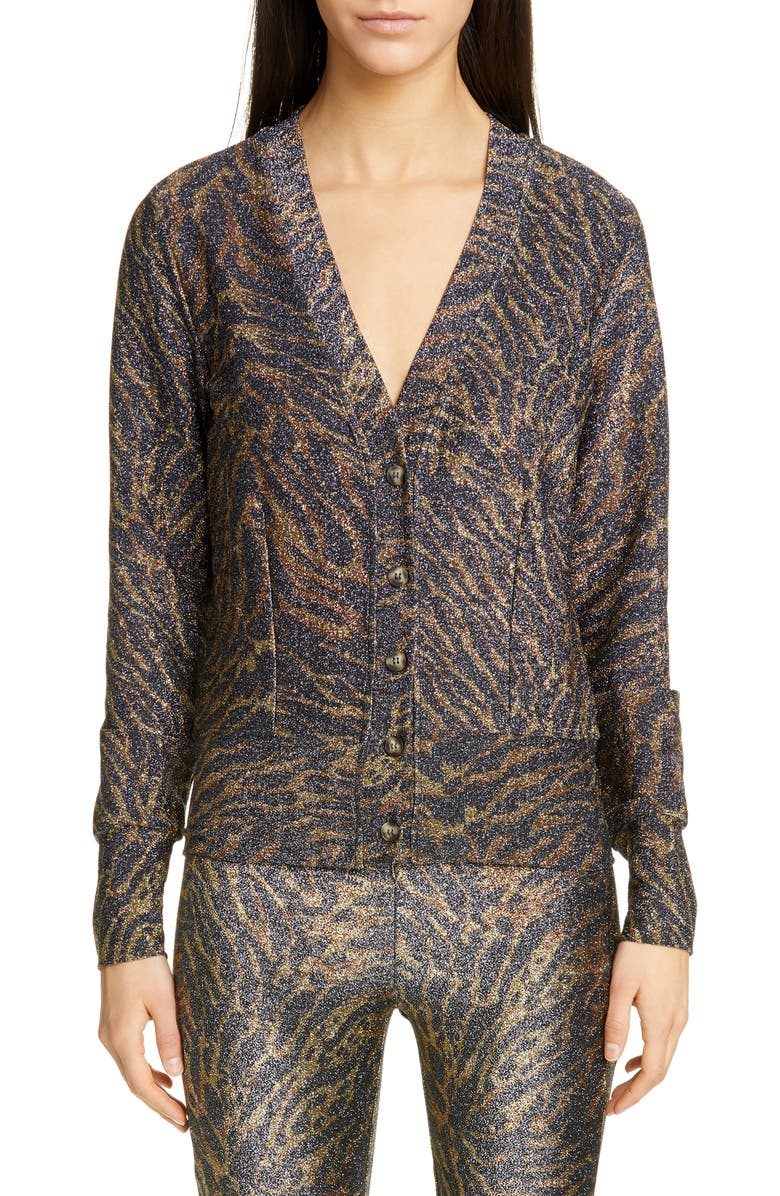 Ganni Tiger Print Metallic Jersey Cardigan, Main, color, 