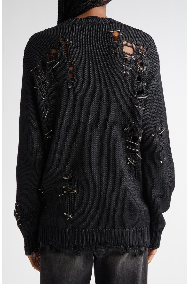 Distressed Oversize Cotton V-Neck Cardigan, Alternate, color, COATED BLACK