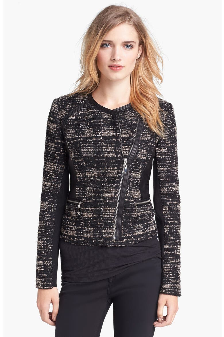 Bouclé & Leather Jacket, Main, color, CAMEL