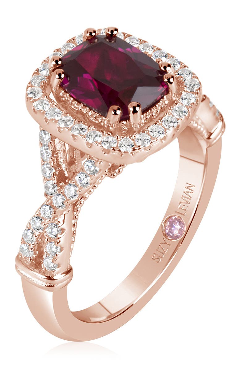 SUZY LEVIAN Pink Rhodium Plated Sterling Silver Cushion-Cut CZ Split Shank Ring, Alternate, color,