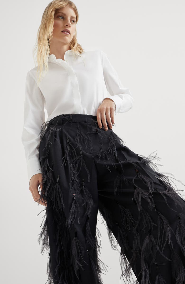Brunello Cucinelli Tropical luxury wool tailored relaxed trousers with dazzling feather embroidery, Alternate, color,