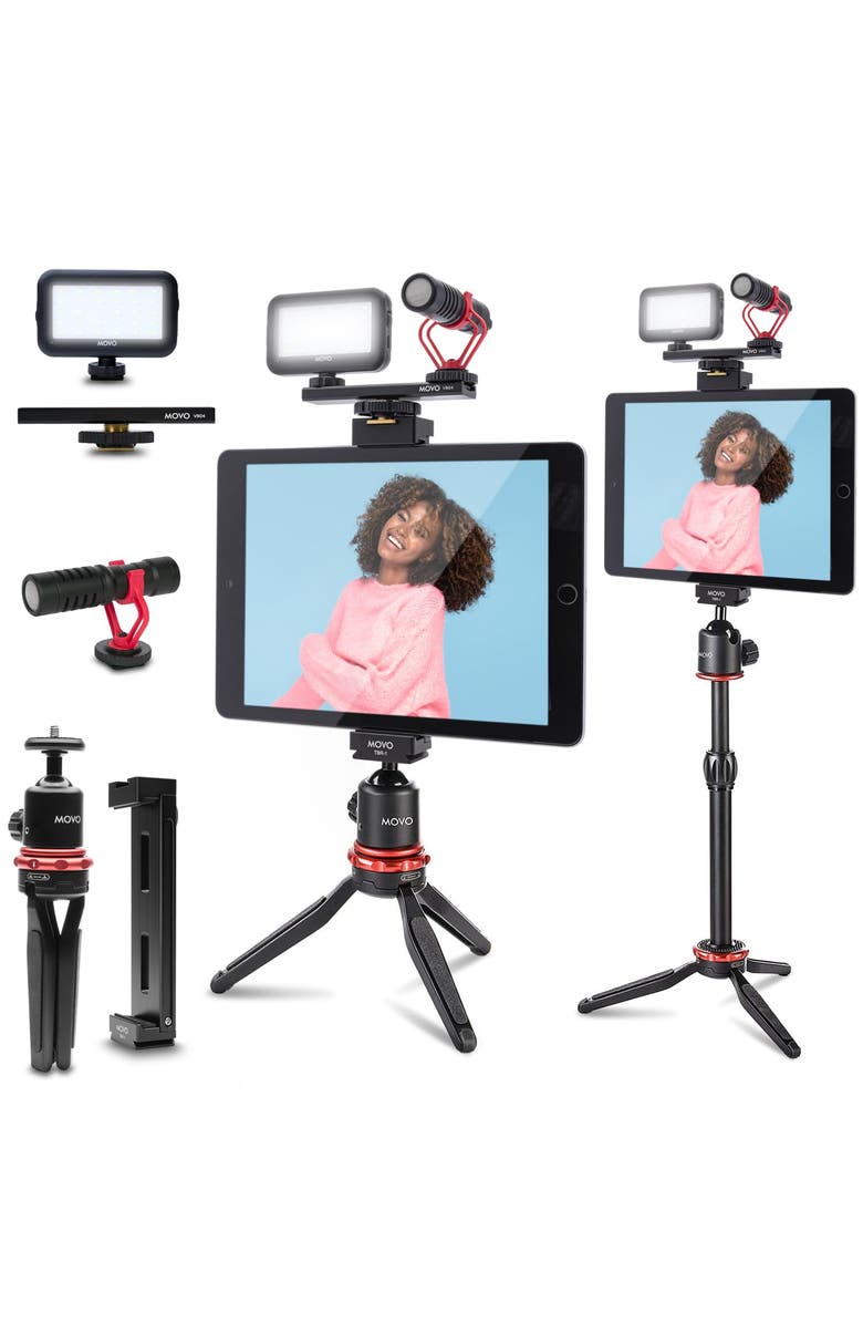 MOVO Tablet Vlogging Kit for iPad with Mic, Light, Tabletop Tripod, Main, color, Black