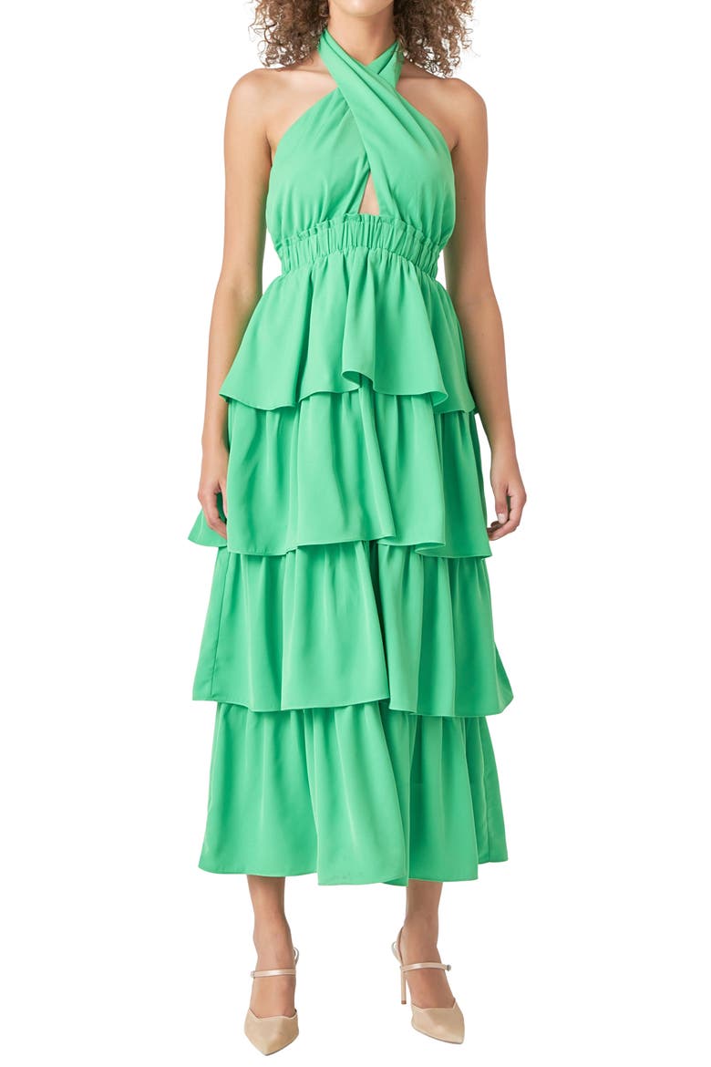 Halter Neck Tiered Maxi Dress, Alternate, color, KELLY GREEN