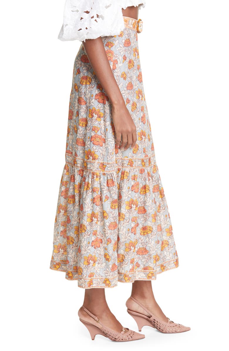 Zimmermann Andie Floral Belted Linen Skirt, Alternate, color,
