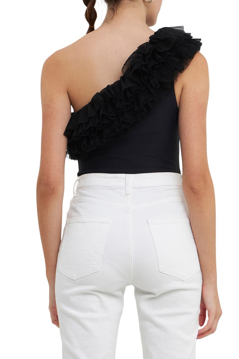 Tulle Ruffle One-Shoulder Bodysuit, Alternate, color, BLACK