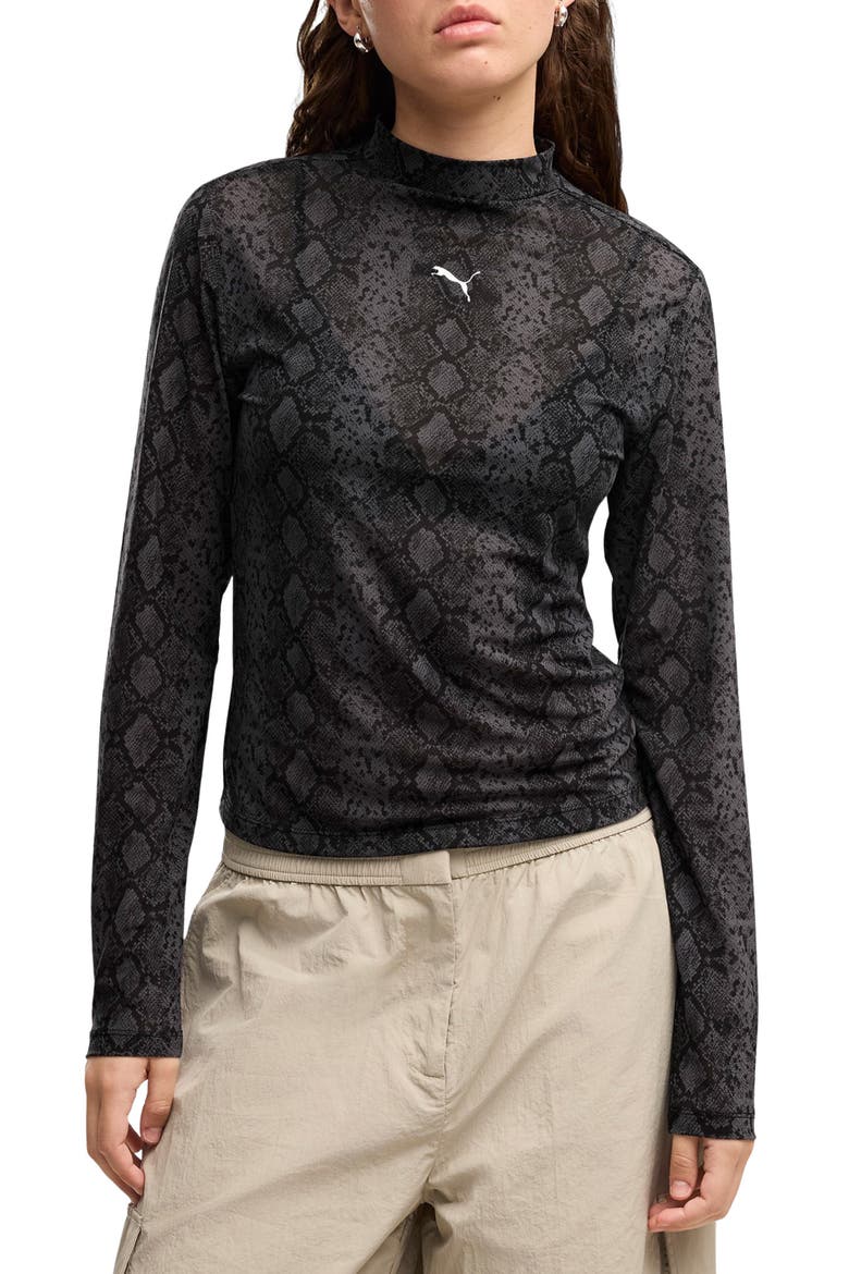 AOP Snake Print Long Sleeve Mesh T-Shirt, Main, color, PUMA BLACK