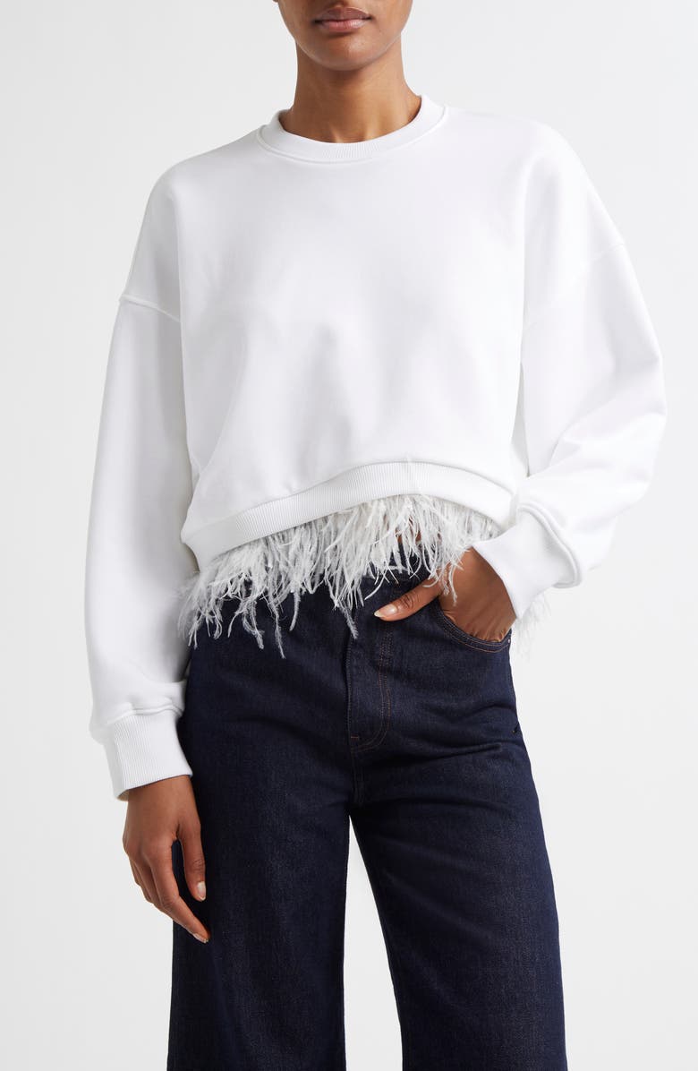 Cinq à Sept Albertine Feather Trim Cotton Blend Sweatshirt, Main, color, White