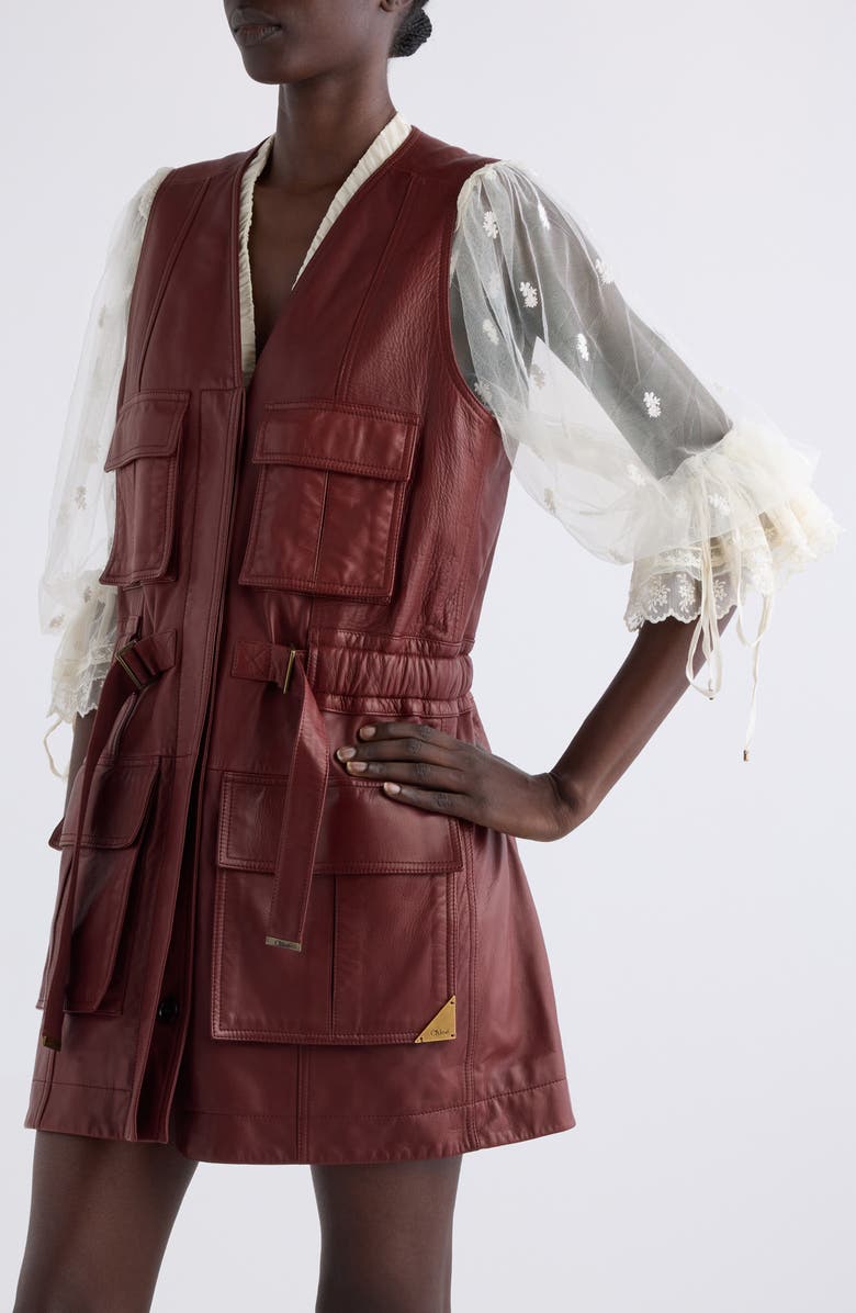 Chloé Sleeveless Leather Utility Coat, Alternate, color, Faded Mahogany