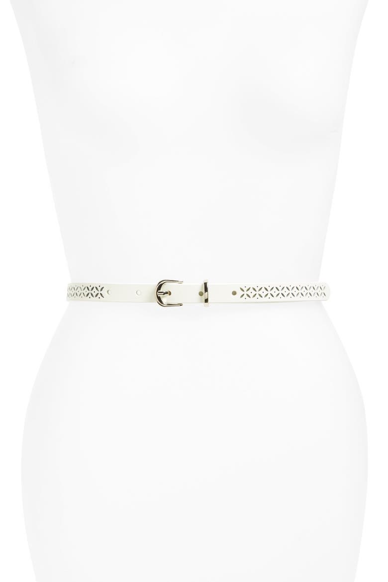 Floral Perforated Skinny Leather Belt, Main, color, WHITE SNOW