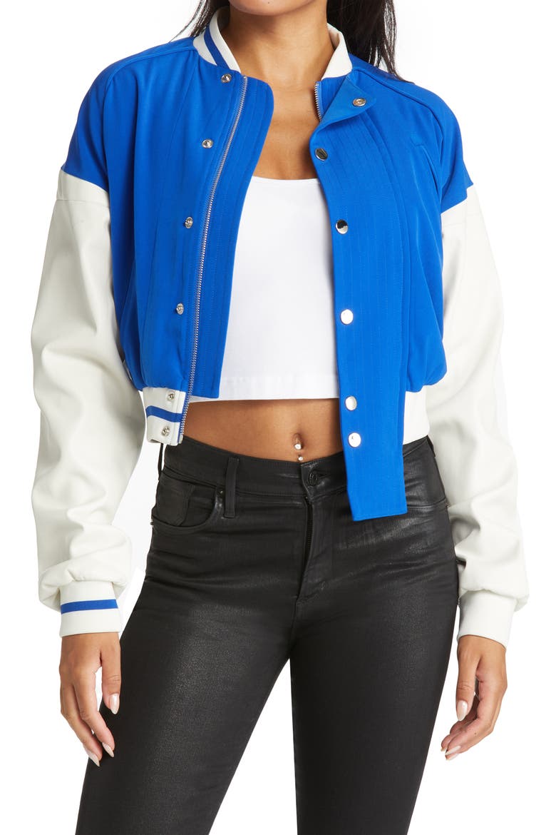 Colorblock Crop Bomber Jacket, Main, color, BLUE