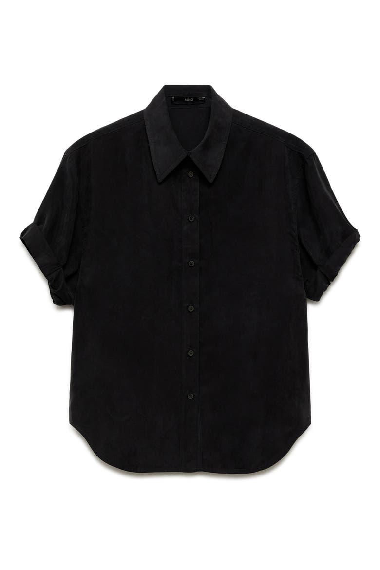 Solid Short Sleeve Cupro Blend Button-Up Shirt, Main, color, BLACK