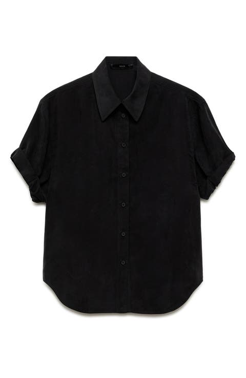 Solid Short Sleeve Cupro Blend Button-Up Shirt