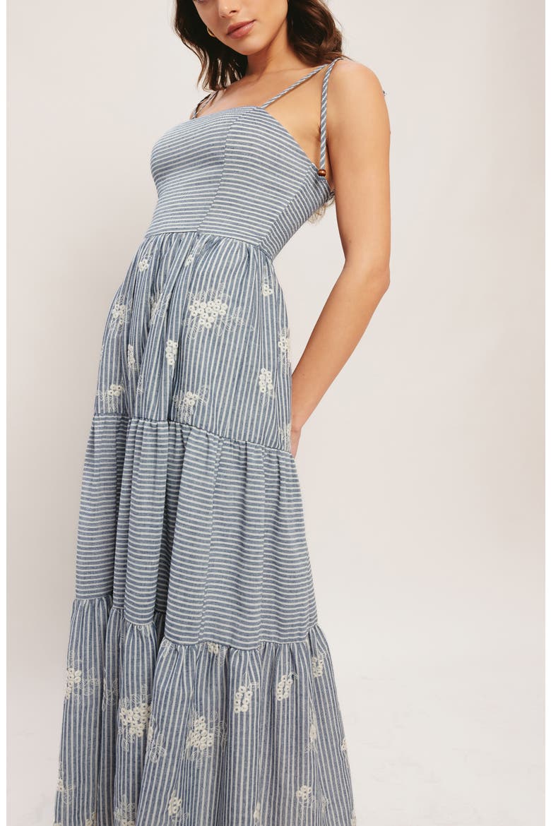 Stripe Floral Embroidered Tie Shoulder Midi Dress, Alternate, color, STRIPED INDIGO