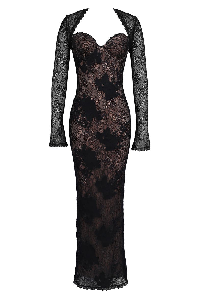 Lucienne Strapless Stretch Lace Gown with Bolero, Alternate, color, BLACK