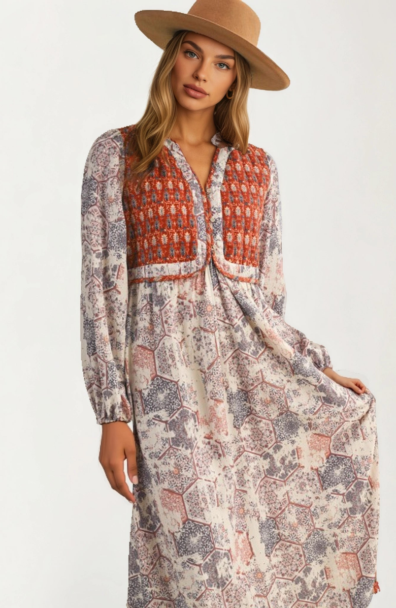 Knit and Lounge Patchwork Print Relaxed Fit Long Sleeve Maxi Dress, Alternate, color, Patchwork Print