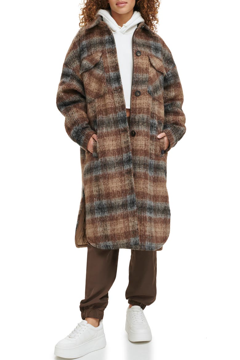 Plaid Longline Coat, Alternate, color, BROWN PLAID