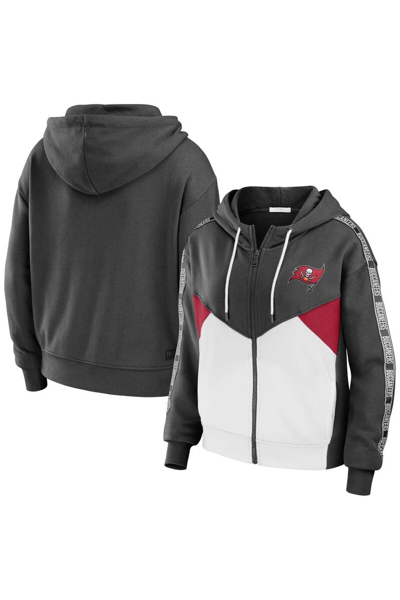 Women's WEAR by Erin Andrews Pewter/White Tampa Bay Buccaneers Color Block Light Weight Modest Crop Full-Zip Hoodie, Main, color, Pewter