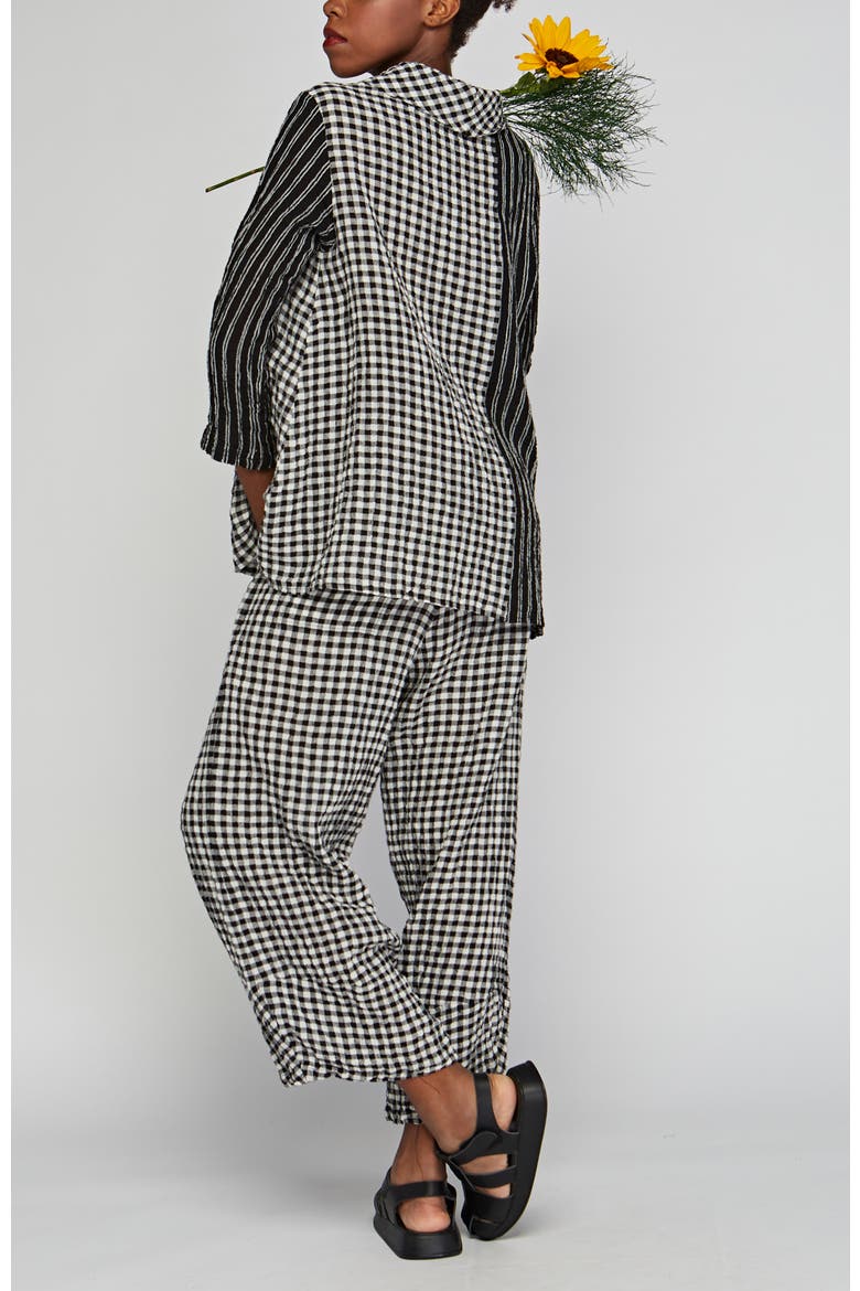 Illustra Checkered And Striped Blended, Gauze Linen Blouse, Alternate, color, Black
