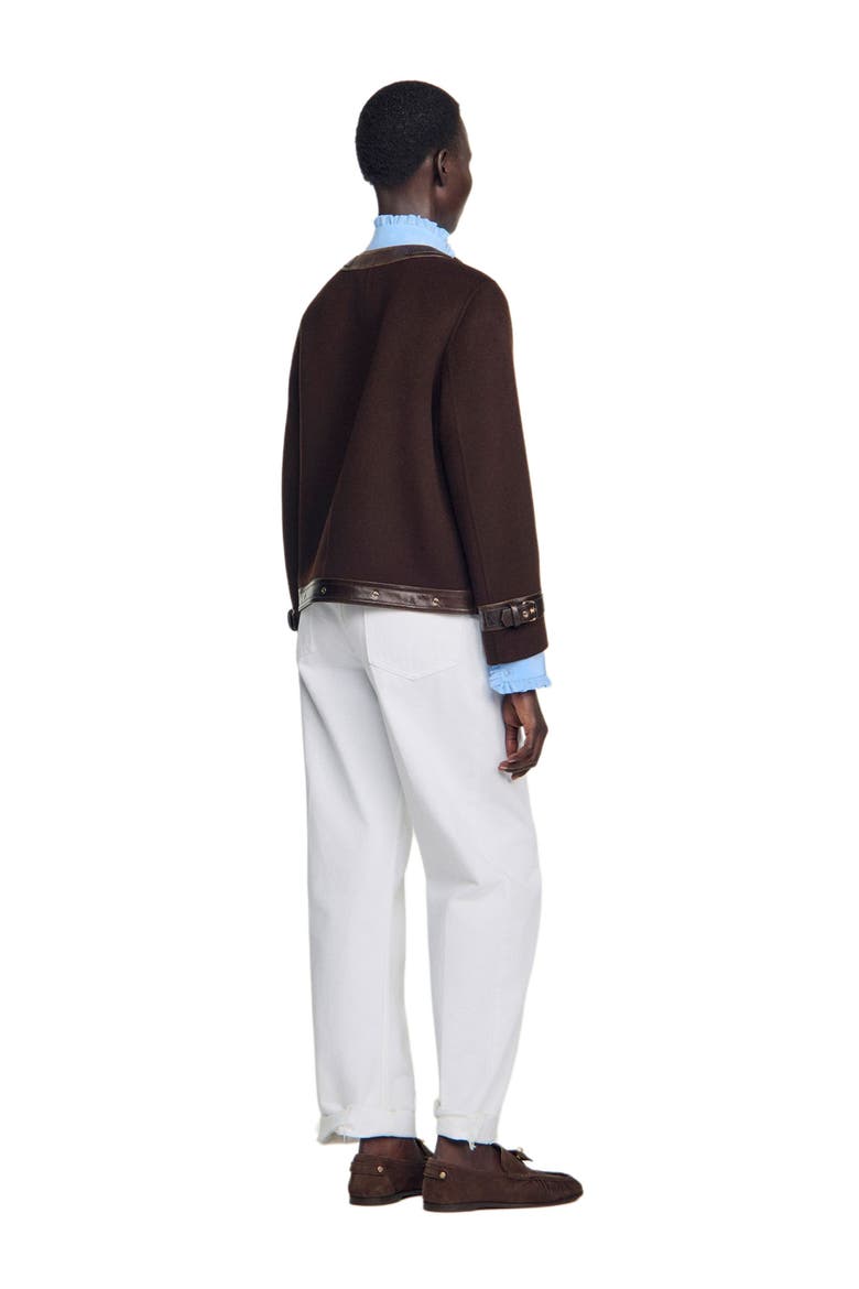 Short coat with leather details, Alternate, color, Brown