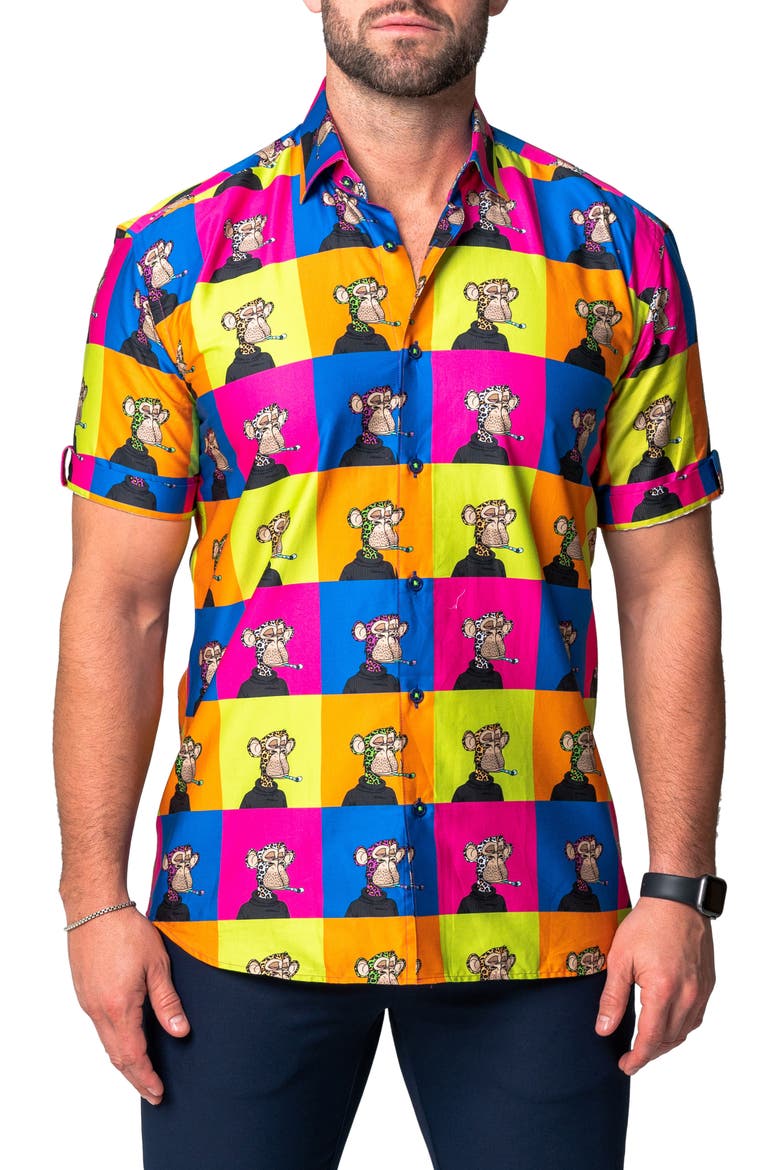 Galileo Ape Print Short Sleeve Cotton Button-Up Shirt, Main, color, YELLOW MULTI