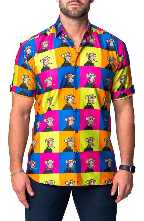 Galileo Ape Print Short Sleeve Cotton Button-Up Shirt