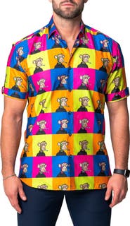Maceoo Galileo Ape Print Short Sleeve Cotton Button-Up Shirt