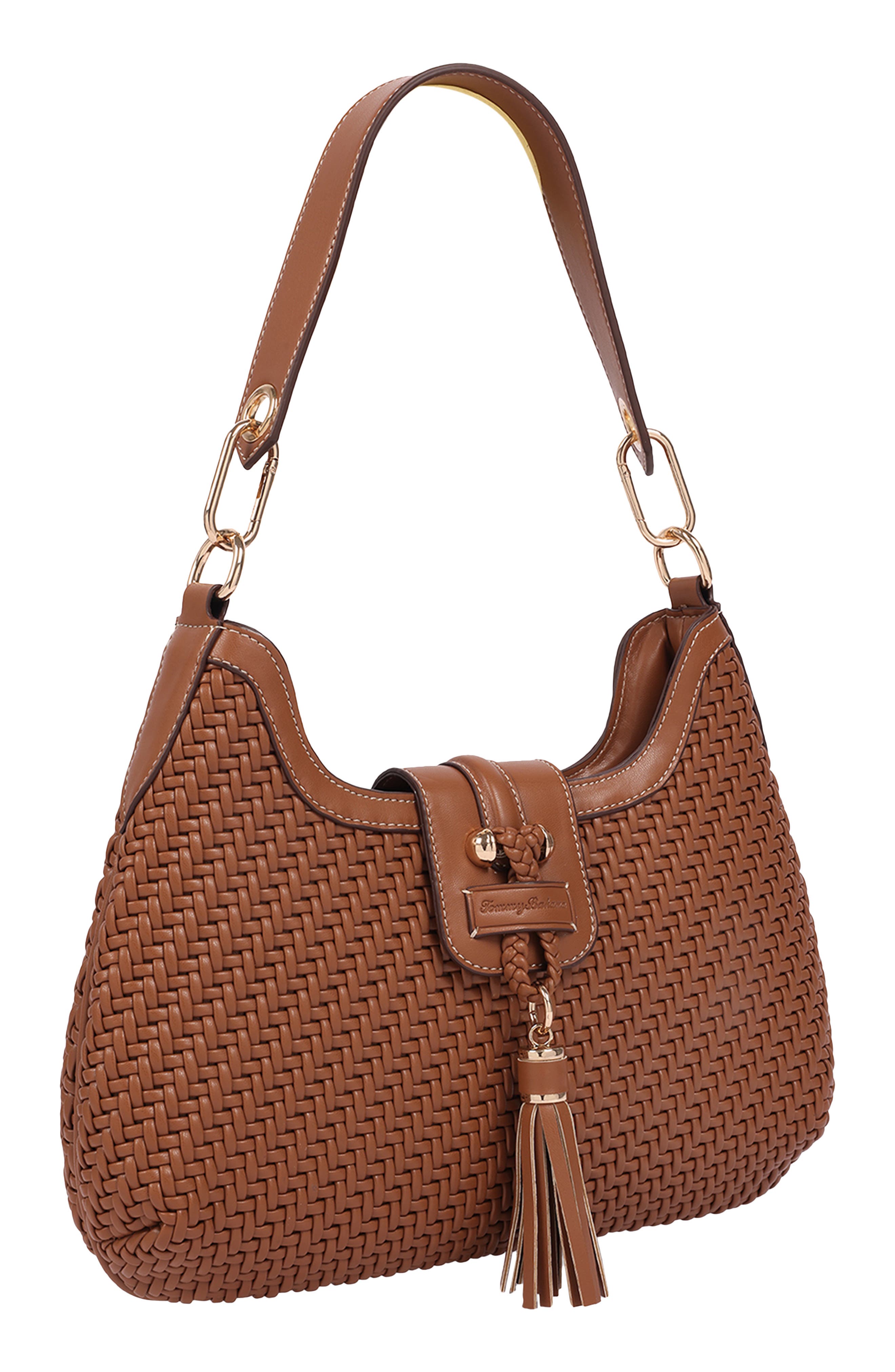 Tassel Tab Woven Faux Leather Hobo Bag, Alternate, color, COGNAC