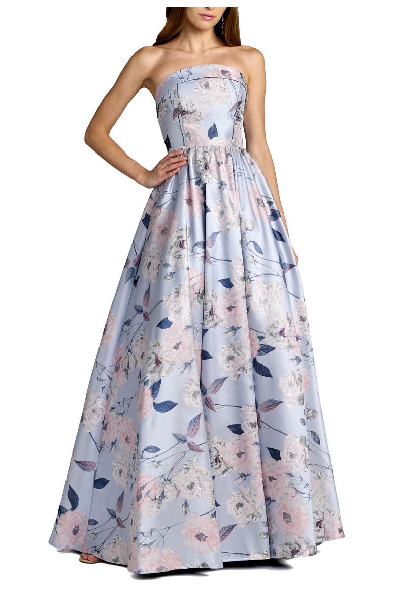 Mac Duggal Floral Brocade Strapless A Line Ballgown, Main, color, Blue Multi