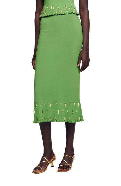 Sandro Knitted Embellished Midi Skirt In Green