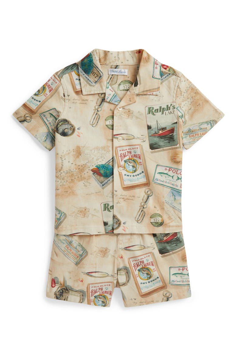 Fishing Print Knit Camp Shirt & Shorts Set, Main, color, FISHERMANS LODGE